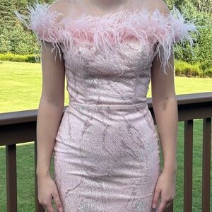 Short pink homecoming dress with feathers